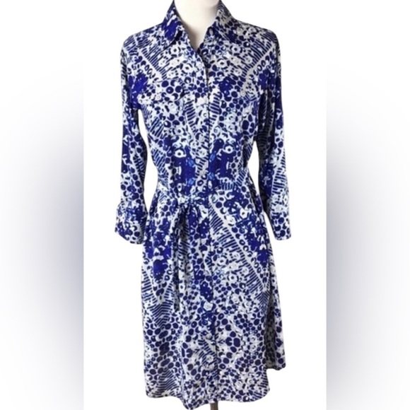 CAbi blue Jewel print button up shirt dress style # 422 roll tab sleeves… - Picture 10 of 11